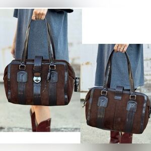 Black suede and burgundy patent leather Boston bag
